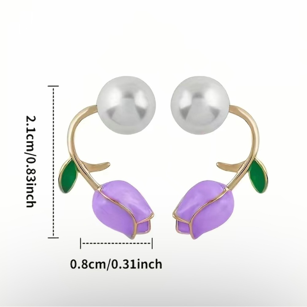 Trendy Elegant Purple Tulip Flower Pearl Stud Earrings, Women's‎ Stud Earrings - Picture 5 of 8